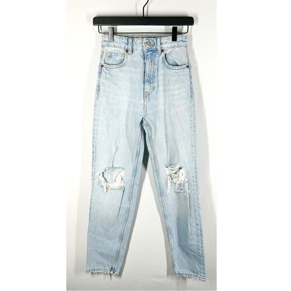 Zara Denim - Zara Mom Jeans Light Blue Wash High Rise Ripped Size 0